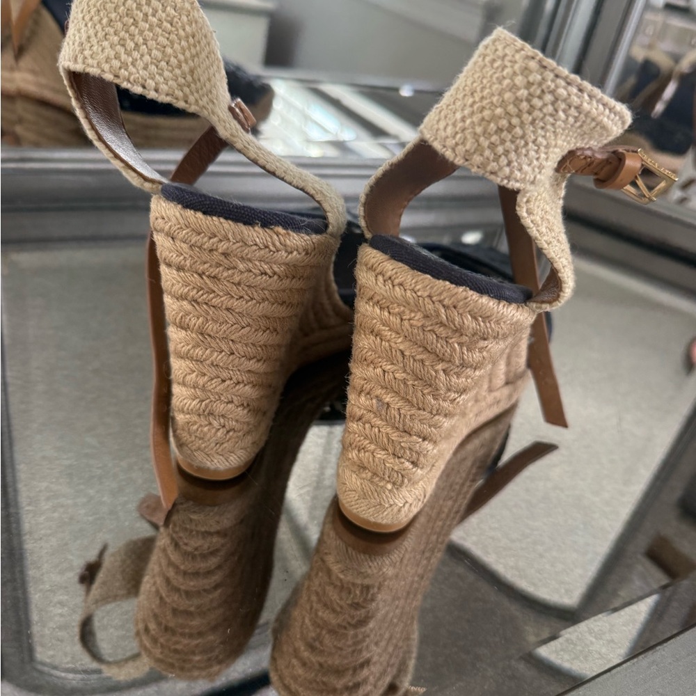 Tory Burch Navy and Tan Wedge Sandals - Picture 4 of 6